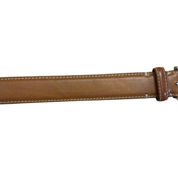 Peter Elliot Tan Leather Belt 34” Silver-Tone Brass Buckle Contrast Stitch Italy - Picture 10 of 16